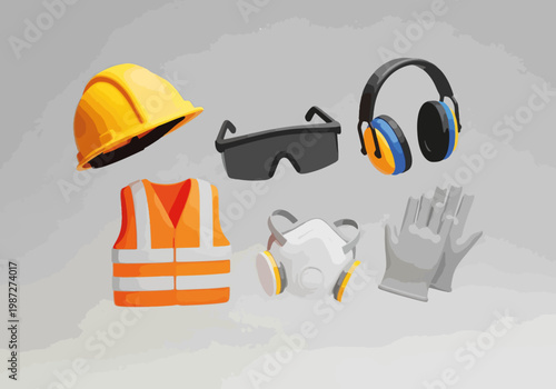 Safety gear for construction workers depicted in a modern flat design style showcasing essential protective equipment against a neutral background.