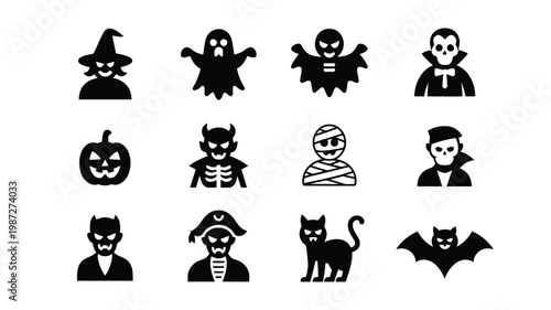 Halloween themed vector icons featuring witches ghosts vampires skeletons mummies black cats bats pumpkins and pirates in bold black silhouettes