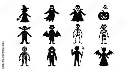 Halloween themed silhouettes of costumed figures including witches ghosts skeletons and devils in a playful spooky style