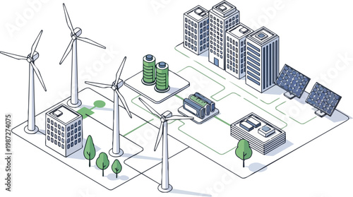 Isometric Renewable Energy Infrastructure Illustration: Smart City with Wind Power, Solar Energy, and Green Battery Storage
