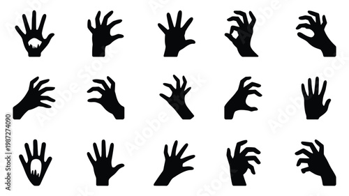 Silhouettes of creepy hands reaching out in various eerie gestures on a stark white background evoking fear and horror