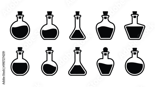 Variety of black and white potion bottles with cork stoppers in assorted shapes and sizes including round flask and vintage designs displayed on a clean background
