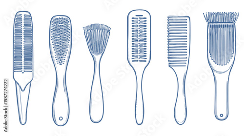 Stylized, blue-toned sketches of various grooming tools, including brushes and combs