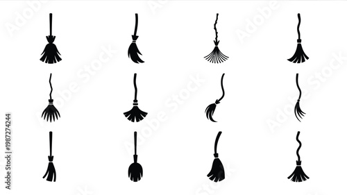 Black silhouettes of various brooms and mops isolated on white background minimalist design for cleaning and housekeeping concepts
