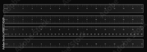 Vector ruler in cm and inch, scale markup in centimeter millimeter black. Precision chart tool and line size indicator. Simple geometry education set. Long math graph for engineering length measure