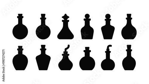 Black silhouettes of twelve distinct glass bottles with varied shapes and cork stoppers isolated on white background minimalist design