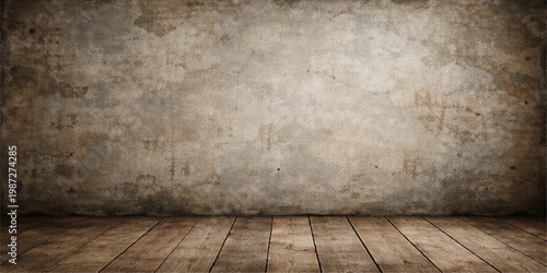 An empty interior room featuring a vintage mix of aged wooden flooring and dark grunge textured concrete walls creates a rustic architectural backdrop