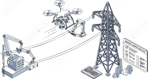 Smart Grid Maintenance Concept: Drone and Robotic Arms Inspecting Power Lines and Electricity Transmission Towers with Remote Digital Log