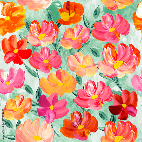 Seamless pattern of abstract red and pink flowers, original hand drawn, impressionism style, color texture