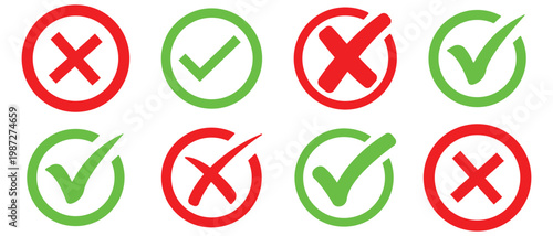 Correct and wrong icon set in green and red colors. Cross check mark icons, Check mark icon with right and wrong buttons. Isolated checkmark symbol vector illustration.