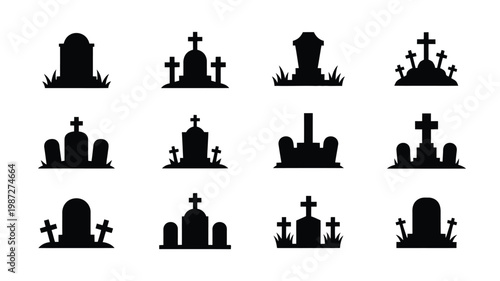 Collection of black silhouette tombstones with crosses on grassy bases in minimalist vector style isolated on white background