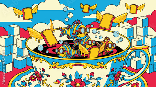 Fish Bathing in Ornate Coffee Cup with Flying Toast Pop Surrealism Flat Illustration with Bold Outlines