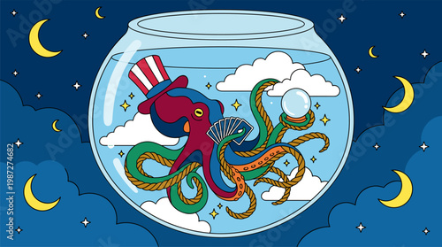 Octopus Wearing Top Hat with Playing Cards inside Floating Goldfish Bowl Pop Surrealism Flat Illustration with Bold Outlines