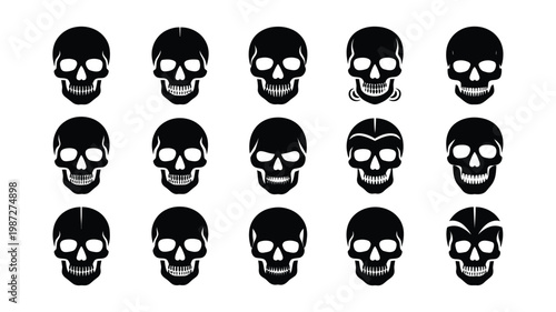 Collection of skulls with varying headgear and accessories in black and white style on a plain background