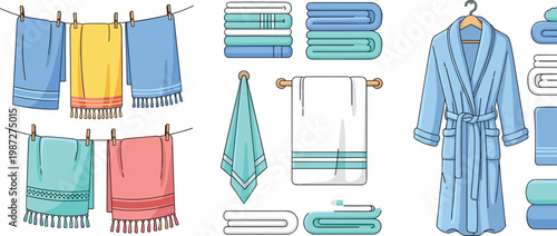 Bathroom Towels and Bathrobe Set with Hanging Folded Textiles Collection for Hygiene Spa Care and Home Interior Flat Vector Illustration