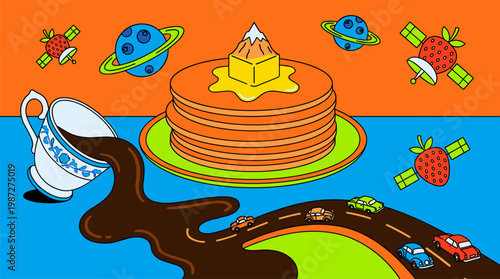 Surreal Breakfast Pancake Landscape Pop Surrealism Flat Illustration with Bold Outlines and Floating Fruit Planets