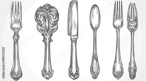 Intricate illustration of ornate silverware forks, spoon, and knife. Exquisite detail. Traditional hand-drawn style