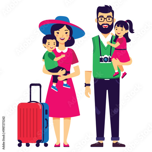 Happy young couple and family traveling with luggage on vacation journey and holiday shopping trip style illustration