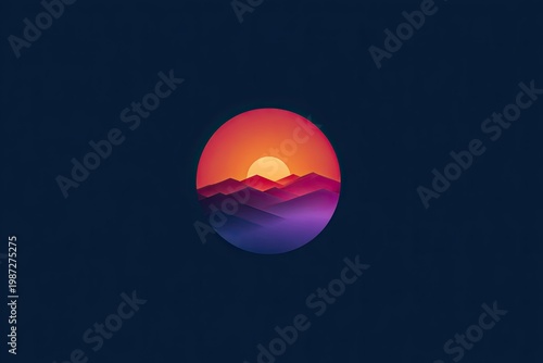 Abstract circular sunset over stylized gradient mountains