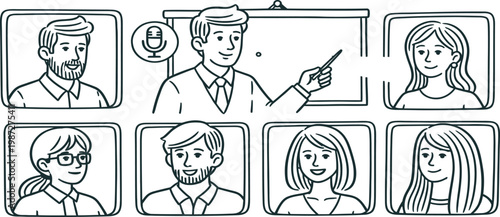 Line drawing of people in video conference on computer screen with white background