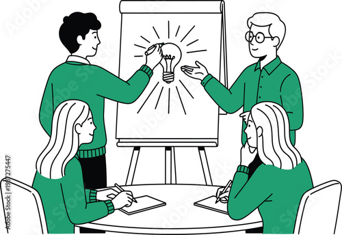 People in a meeting with a light bulb on the board business idea generation