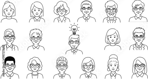 A diverse vector illustration set featuring funny cartoon faces and characters of men, women, and children expressing joyful smiles