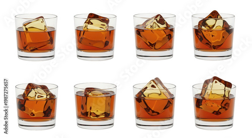 various shots of whiskey glasses with large ice cubes isolated on a white background refreshing cocktails bars