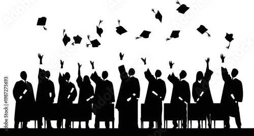 Graduates tossing caps after ceremony silhouette.