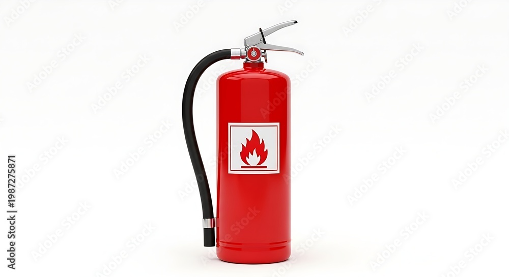 Obraz premium Functional red fire extinguisher with metal squeeze handles and a flame symbol label on a bright white setting.