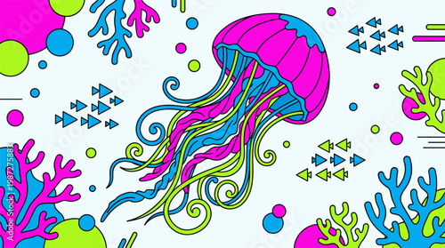 Cosmic Jellyfish with Patterned Bubbles and Floating Coral, Pop Surrealism Flat Illustration with Bold Uniform Black Outlines