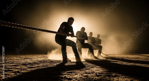 Tug of war team pulls rope under night fog on a dimly lit beach, capturing intense competition and teamwork.