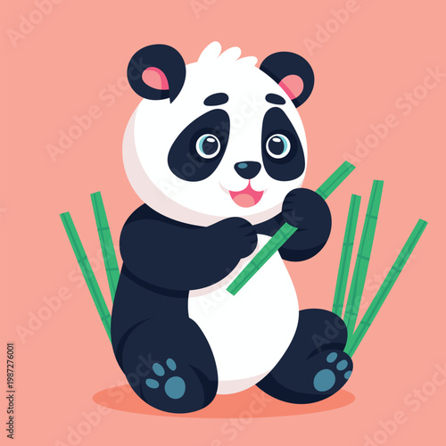 A cartoon panda eating bamboo shoots on a pink background