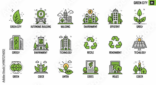 Eco friendly city icons with green buildings and technology