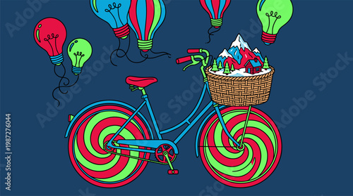 Vintage Bicycle Carrying Mountain Range In Basket Pop Surrealism Flat Illustration With Bold Outlines