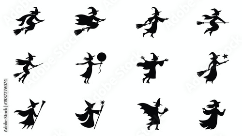 Series of whimsical witch silhouettes flying on broomsticks with dynamic poses and magical elements in a playful halloween theme