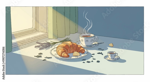 Croissant on plate with lavender flowers by window