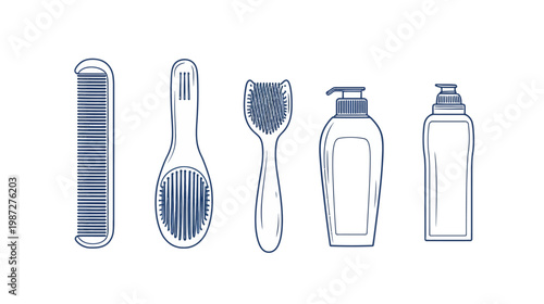 Line art illustration of bath and hair care tools. Includes a comb, brushes, and soap dispensers