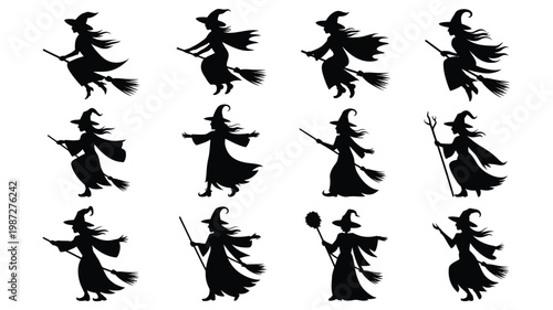 Silhouettes of mystical witches flying on broomsticks casting spells with flowing robes and pointed hats arranged in a grid pattern