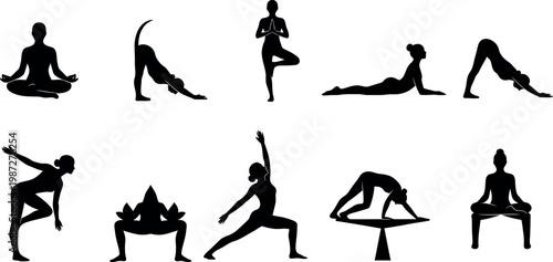 A collection of black vector silhouettes featuring women in yoga positions and fitness poses, illustrating people engaged in gymnastics, dance, and athletic training exercises