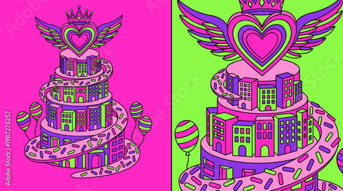 Surreal Tiered City Wedding Cake With Winged Heart Pop Surrealism Flat Illustration With Bold Outlines