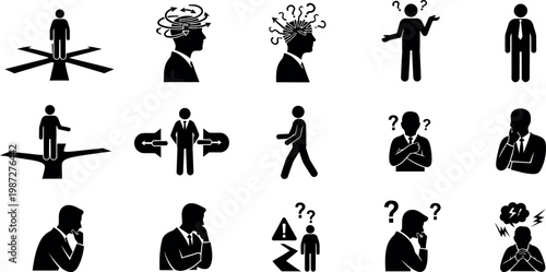 Simple vector silhouettes of people in different poses representing a group of figures including family workers and business persons