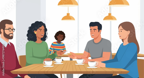 Diverse family sitting at a table with coffee cups