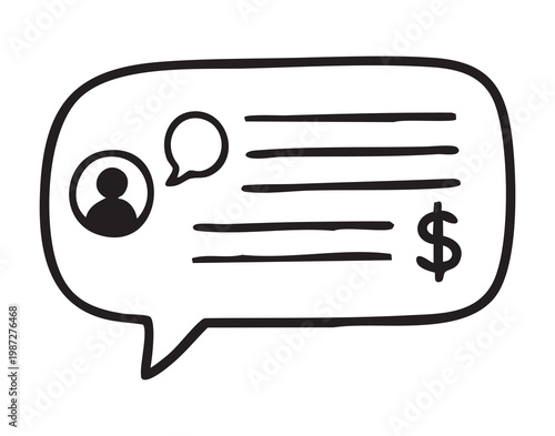 User payment details notification. Messaging bubble displaying transaction and user image. Interface element showing financial transaction details alongside user profile icon and billing prompts