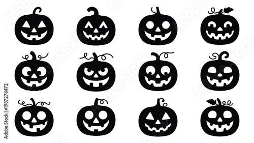 Vector set of 12 whimsical black and white jack o' lantern faces with expressive eyes and mouths for halloween designs