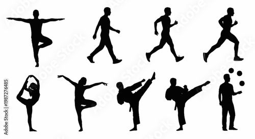 Silhouettes of people in various yoga, walking, running, and martial arts poses.