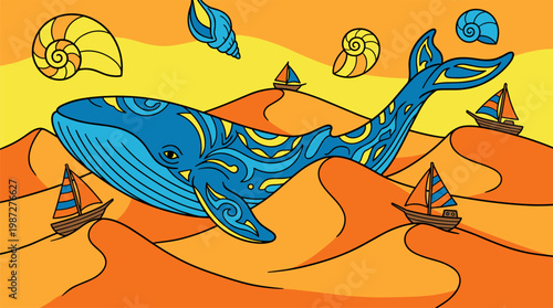 Surreal Blue Whale Swimming in Wave Shaped Desert Sand Dunes Pop Surrealism Flat Illustration