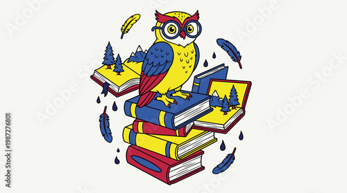 Wise Owl With Glasses On Floating Books With Mountain Landscapes Pop Surrealism Flat Illustration With Bold Outlines