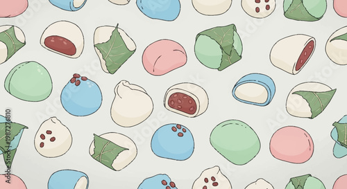 Colorful mochi balls with fillings and leaves