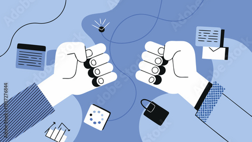 Two clenched fists facing each other with digital icons nearby