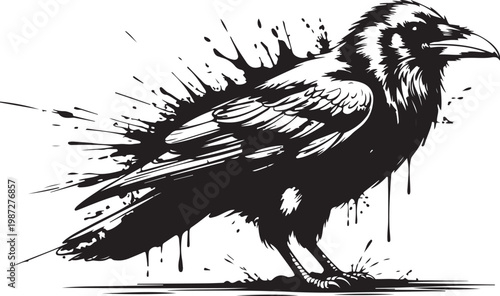Bird graffiti silhouette, eagle grunge icon, crow spray wall art symbol, grafitti tag isolated. Black Ink Crow Street Art
